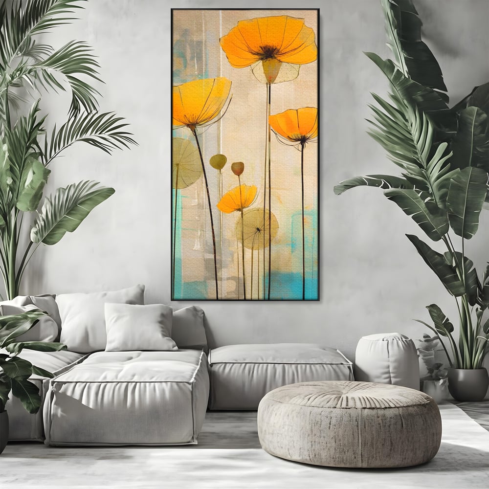 Tablou canvas cu pictura verticala cu flori galbene, in rama de aluminiu negru, pe perete intr-un living